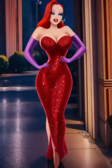 photo of jessicarabbit character woman wearing red dress , violet gloves , walking in the street at night, high res, (detailed realistic image:1), (detailed eyes, beautiful expressive eyes:1), impasto impressionism, insane details, soft, pupils, (expressive face, detailed face:1), (realistic:1), (photorealistic, photo-realistic:1), full color, (3d:1), (highly detailed:1.2), masterpiece, 8k uhd, <lora:jessicarabbit:1>