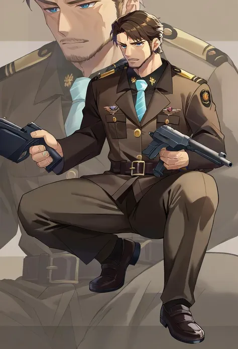 source_9,source_8_up,source_7_up,jeloandersen,solo,mature male,IncrsNikkeProfile,full body,zoom layer,holding weapon,holding gun,one knee,brown hair,blue eyes,facial hair,military uniform,white necktie,brown jacket,belt,brown pants,<lora:Andersen-JeloXL:1>,<lora:NikkeProfileXL:1>,