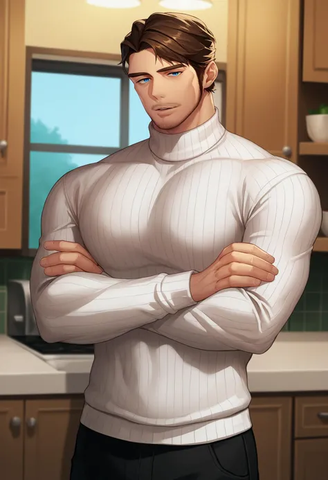 score_9, score_8_up, score_7_up, source_anime BREAK 1boy, solo, male focus, <lora:Andersen-JeloXL:0.9> jeloandersen, mature male, blue eyes, brown hair, facial hair, turtleneck sweater, indoors, standing, kitchen, looking at viewer, parted lips, white sweater, ribbed sweater, pectorals, muscular, crossed arms