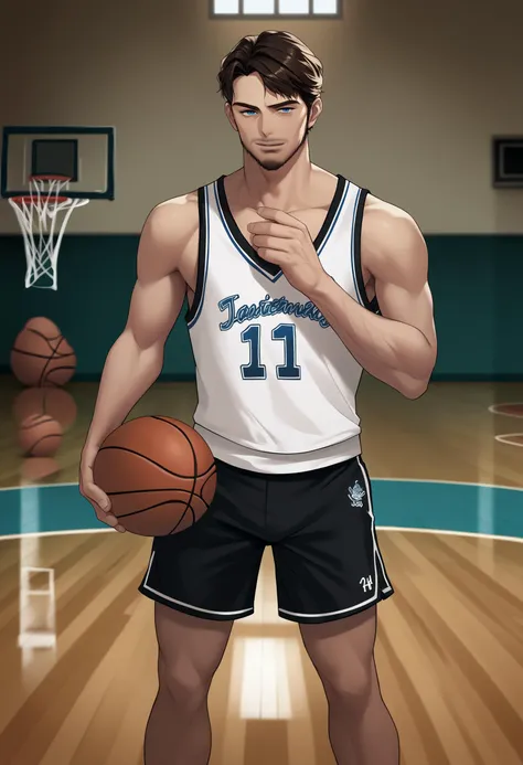 score_9, score_8_up, score_7_up, source_anime BREAK 1boy, solo, male focus, <lora:Andersen-JeloXL:0.9> jeloandersen, mature male, blue eyes, brown hair, facial hair, basketball, basketball shorts, basketball uniform, basketball court, wooden floor,