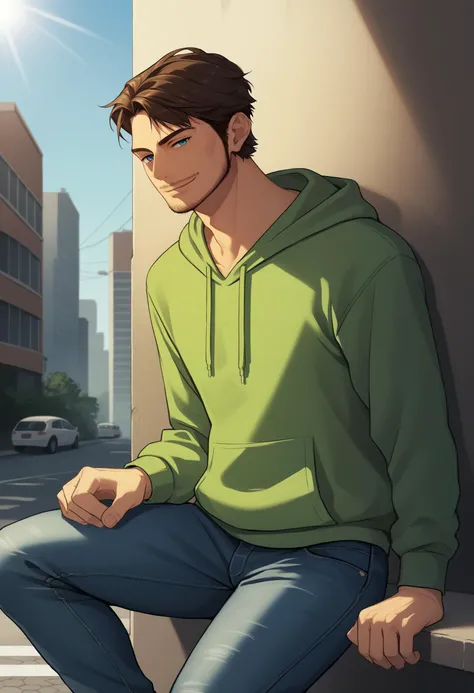 score_9, score_8_up, score_7_up, source_anime BREAK 1boy, solo, male focus, <lora:Andersen-JeloXL:0.9> jeloandersen, mature male, blue eyes, brown hair, facial hair, casual, jeans, hoodie, one knee, outdoors, smirk, sunlight, city, street