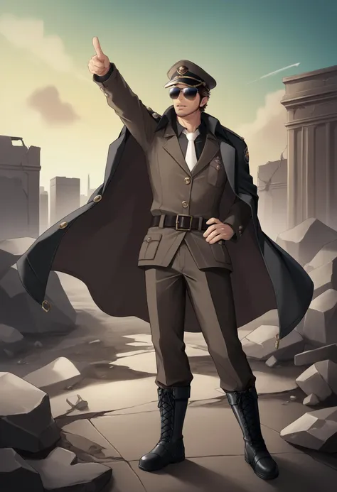 score_9, score_8_up, score_7_up, source_anime BREAK 1boy, solo, male focus, <lora:Andersen-JeloXL:1> jeloandersen, mature male, facial hair, brown hair, sunglasses, peaked cap, black coat, coat on shoulders, brown jacket, white necktie, belt, brown pants, combat boots, parted lips, arm up, pointing, post-apocalypse, overgrown, outstretched arm, full body, hand on hip, city, ruins, debris, standing on rock