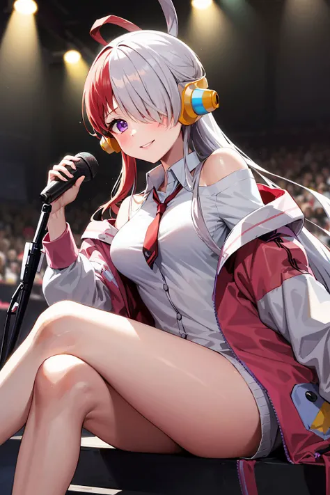 uta \(one piece\), 1girl, bangs, beamed eighth notes, black ribbon, breasts, closed eyes, crossed legs, dress, eighth note, eyelashes, full body, hair over one eye, long hair, multicolored hair, music, musical note, open mouth, quarter note, red hair, ribbon, singing, sitting, solo, split-color hair, white hair