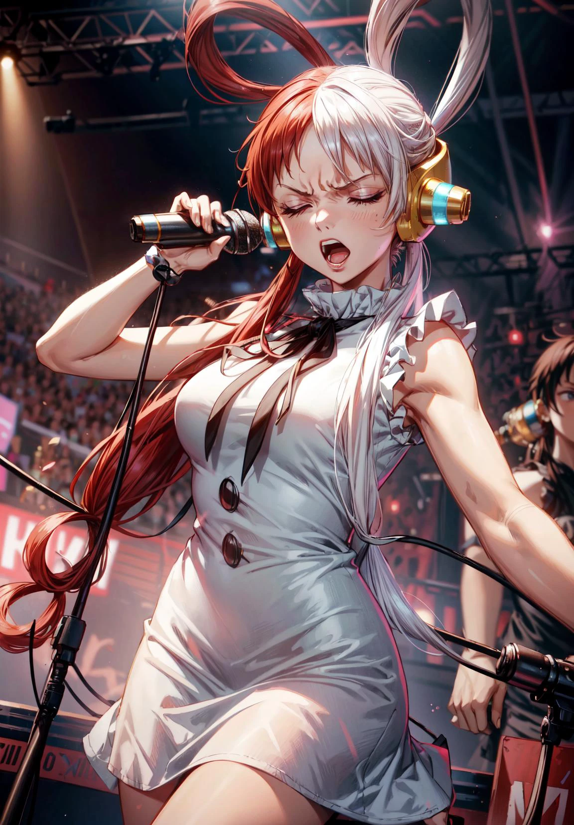 1girl,uta,uta onepiece,long hair, split-color hair, red hair, multicolored hair, long hair, two-tone hair, hair rings, headphones, white hair, bangs, very long hair, medium breasts, white dress, black ribbon,(eyes closed:1.2),(sreaming:1.4),open mouth,(mouth totally open),holding a microphone with both hands,microphone,idol light,(pink light),concert,(angry expression:1.3),angry face,(closeup),masterpiece,extremely detailed CG unity 8k wallpaper, best quality,32k,focus sharp, <lora:uta_v1:0.9>, <lora:add_detail:1>, <lora:Light and Shadow:0.6>
