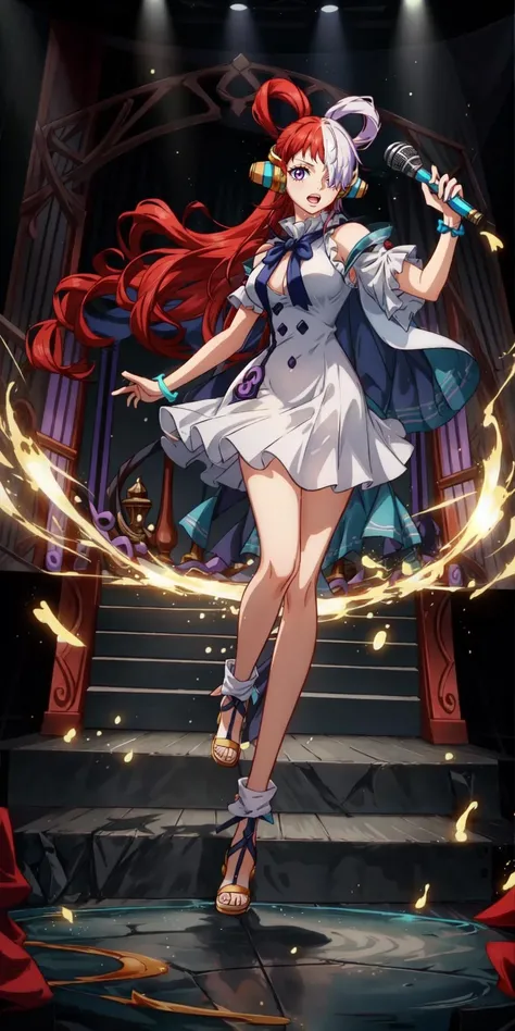 league of legends, lol, splash art,<lora:LoL Splash V2:0.55>, an illustration in the art-style of <lora:wanostyle_2_offset:0.8>,(wanostyle),One Piece,Eiichiro Oda,Toei Animation,((Masterpiece)),(best quality:1),(highly detailed:1), 1girl, split-color hair, hair over one eye, red hair, multicolored hair, long hair, purple eyes, two-tone hair, hair rings, headphones, white hair, bangs, very long hair, medium breasts, white dress, black ribbon,<lora:uta_v1:0.7>,full body,standing pose,singing, best quality, masterpiece, hires, original, extremely detailed wallpaper, perfect lighting,(extremely detailed CG:1.2),8k,intricate detail,trending on artstation,digital art,, <lora:add_detail:0.5>,detailed,8k,music stage, singing pose, light show, standing on stage,