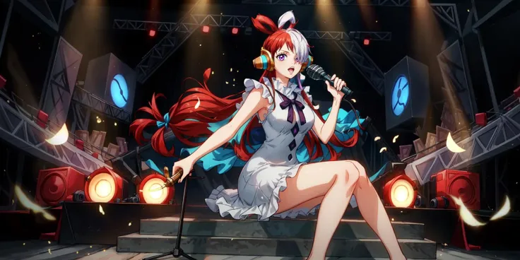 league of legends, lol, splash art,<lora:LoL Splash V2:0.55>, an illustration in the art-style of <lora:wanostyle_2_offset:0.8>,(wanostyle),One Piece,Eiichiro Oda,Toei Animation,((Masterpiece)),(best quality:1),(highly detailed:1), 1girl, split-color hair, hair over one eye, red hair, multicolored hair, long hair, purple eyes, two-tone hair, hair rings, headphones, white hair, bangs, very long hair, medium breasts, white dress, black ribbon,<lora:uta_v1:0.7>,full body,sitting pose,sitting sideways,holding microphone,singing with eyes closed, best quality, masterpiece, hires, original, extremely detailed wallpaper, perfect lighting,(extremely detailed CG:1.2),8k,intricate detail,trending on artstation,digital art,<lora:add_detail:0.5>,detailed,8k,music stage, singing pose, light show, audience in background,stagelights