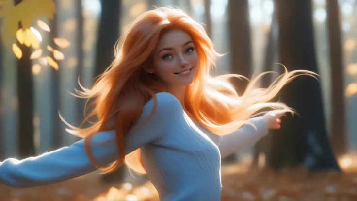 NijiEX style, Pro photography, shot from a side, cute shy teenager girl, gracefully dancing in enchanted autumn-forest, sunset rays, smiling, she has messy long orange hair with extra long fake eyelashes, freckles, natural makeup, wearing fur-outfit, (deep-blue eyes), fur-bracers,
many fallen leaves on the ground, hyperrealistic, photorealistic, intricate-details, octane render, unreal-engine-5, 8k, uhd, backlight style, HairDetail-SDXL, <lora:EnvyStarlightGolden_v10:1> <lora:backlight style:1>