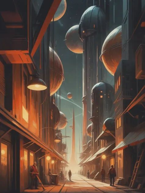 vintage,comic book style, vertical,historic scifi village at the end of reality<lora:EnvyStarlightGoldenHour01:1>