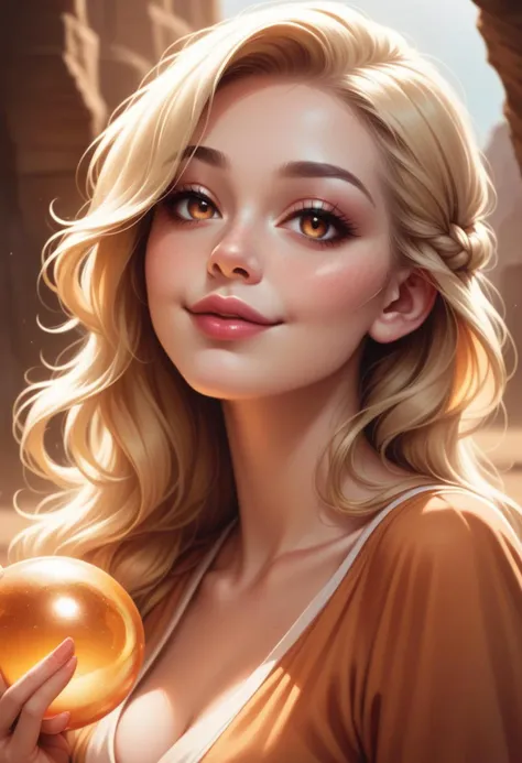 cute, happy, 1girl, blonde hair, long hair, light dress, ((pink and orange colors)), gentle lights, desert background, (beautiful face), gentle colors, (golden hour), realistic, high resolution, wide hips, eyelashes, nose, pupils, iris, lips, hyper detailed, sharp focus, intricate details, highly detailed, detailed textures, eyebrows, (holding a floating magical light ball), score_9, score_8_up, score_7_up, score_6_up, score_5_up, score_4_up