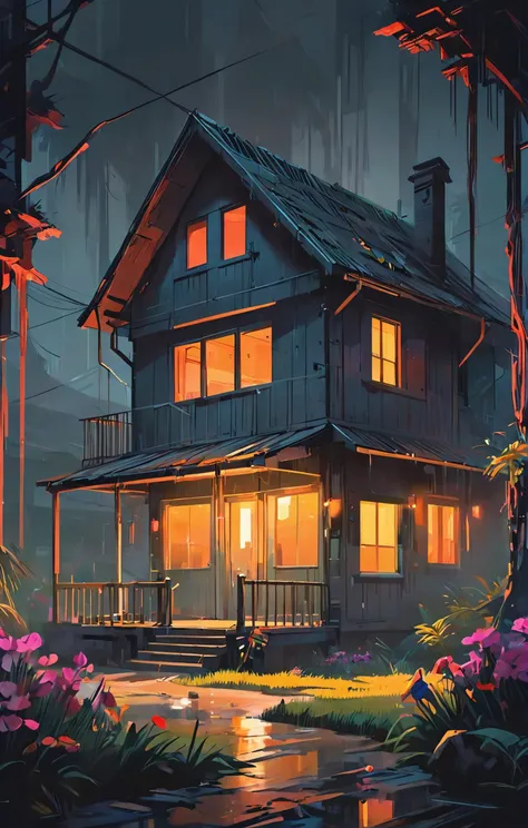 Modernism aesthetics, a beautiful detailed illustration of abandoned cottage, apocalyptic, morning sun, bladerunner 2049, cyberpunk, retrowave, dramatic lighting, hyperrealism, retro-futuristic, cgsociety, myst, flowers, archdaily, wallpaper, highly detailed, trending on artstation, pastel colors, stunning background. dark and moody, a mesmerizing blend of light and shadow. masterpiece, absurdres, intricate details <lora:envyStarlightGolden_v10:0.85>