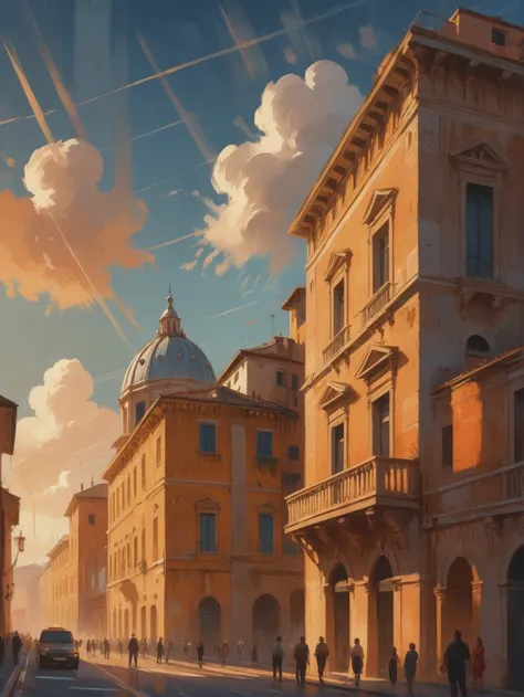 vintage digital painting, golden hour, blue sky, clouds, architecture, Rome<lora:EnvyStarlightGoldenHour01:1>