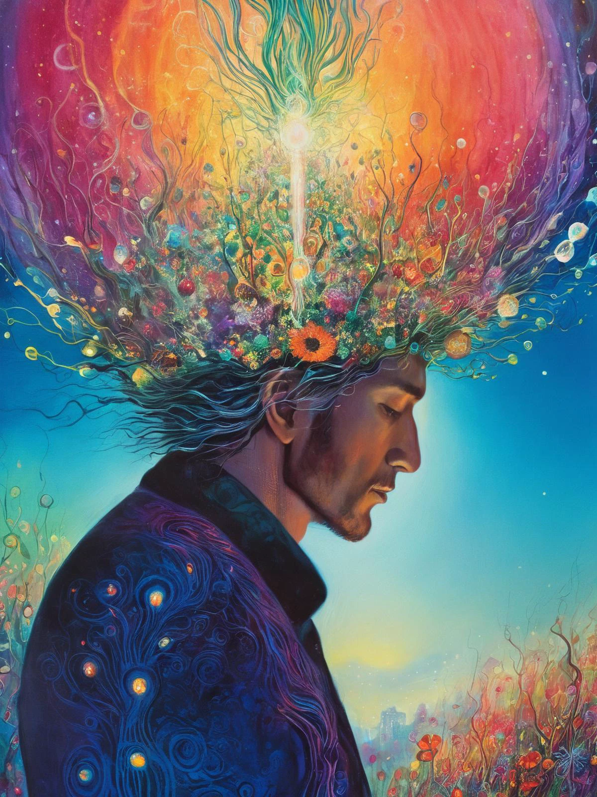 A man, close up, Amanda Sage style, <lora:last-000002:0.9>,
yvonne coomber style, art by Kilian Eng, <lora:YvonneCoomber:0.2>, psychedelic, mysterious atmosphere
