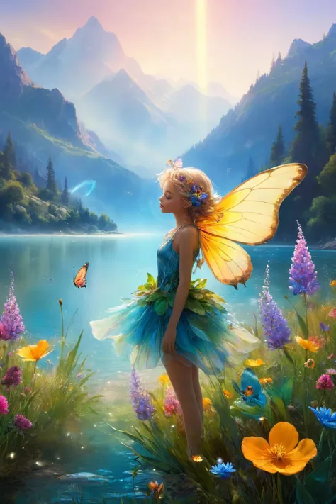 full body shot, masterpiece, highly detailed, 8k, octane render, vibrant colors, hdr, dynamic lighting, high contrast, shy innocent young fairy, cute and girly, (holding a flower partially over her mouth:1.2), large butterfly translucent gossamer wings, colored skin and hair, hair floating as if underwater, floating in a light ray, strange beauty, slender and lanky, clothes made of flowers and leaves, strange landscape, lake and mountains background, splashes of color, <lora:last-000002:0.8>, Amanda Sage style, <lora:YvonneCoomber:0.2>, (yvonne coomber style:0.5)