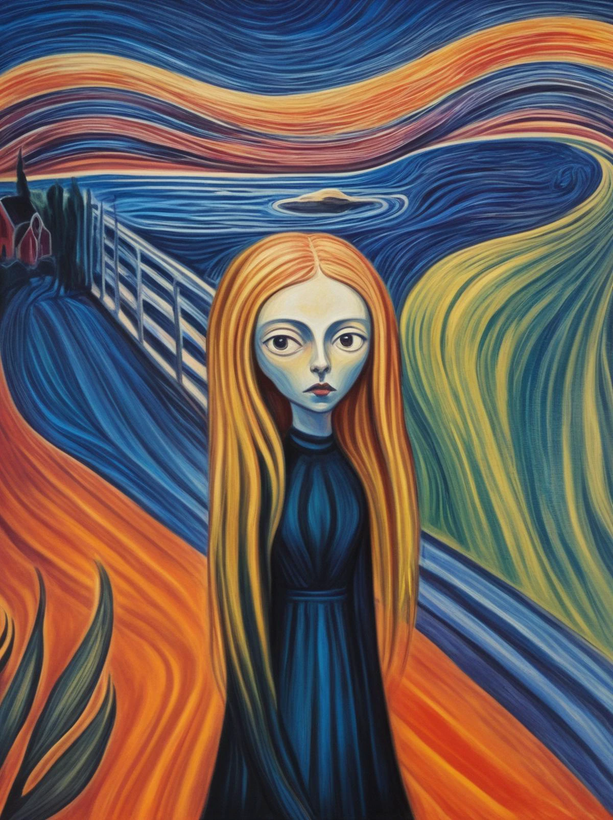 Amanda Sage style, 1girl, <lora:last-000002:0.9>, <lora:FF-Style-Edvard-Munch-vpred:0.32>, style of Edvard Munch, bold colors, high contrast, extremely detailed, high quality, highly detailed,