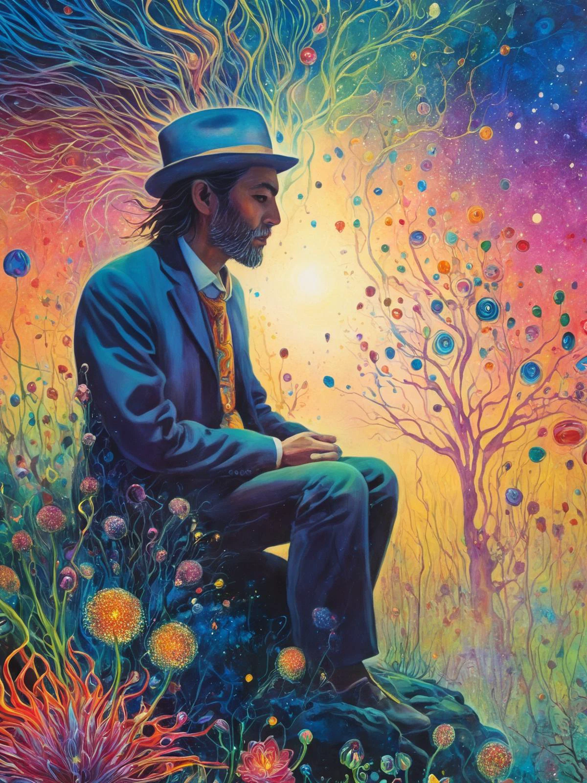 A man, close up, Amanda Sage style, <lora:last-000002:0.9>,
yvonne coomber style, art by Kilian Eng, <lora:YvonneCoomber:0.2>, psychedelic, mysterious atmosphere