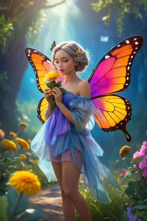 full body shot, masterpiece, highly detailed, 8k, octane render, vibrant colors, hdr, dynamic lighting, high contrast, shy innocent fairy, cute and girly, holding a flower partially over her mouth, large butterfly translucent gossamer wings, strange beauty, slender and lanky, long organic clothes, strange landscape, splashes of color, <lora:last-000002:0.6>, Amanda Sage style, <lora:YvonneCoomber:0.3>, (yvonne coomber style:0.5)