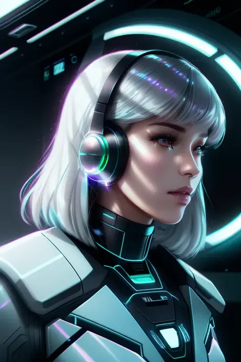 (BLAshadow, night:1.1), a woman holding a tablet with futuristic technology, headphones on her head, window, blinds, cinematic photography, art photography, (in a space station, chromatic aberration, Ayami Kojima, hyper real, retrofuturism, cybernetic, highly detailed:1.2), futuristic, cyberpunk art, fantasy art, bodysuit, dark-skinned_female, glowing, hologram, holographic_interface, long_hair, realistic, science_fiction, solo, cable, machinery, wire, Aleksi Briclot, <lora:epiNoiseoffset_v2:1> <lora:BLAshadow_AIARTBOT_v1:1>