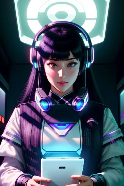 (BLAshadow, night:1.1), a woman holding a tablet with futuristic technology, headphones on her head, window, blinds, cinematic photography, art photography, (in a space station, Ayami Kojima, hyper real, retrofuturism:1.2), Cedric Peyravernay, futuristic, cyberpunk art, fantasy art, bodysuit, dark-skinned_female, glowing, hologram, holographic_interface, long_hair, realistic, science_fiction, solo, <lora:epiNoiseoffset_v2:1> <lora:BLAshadow_AIARTBOT_v1:1>