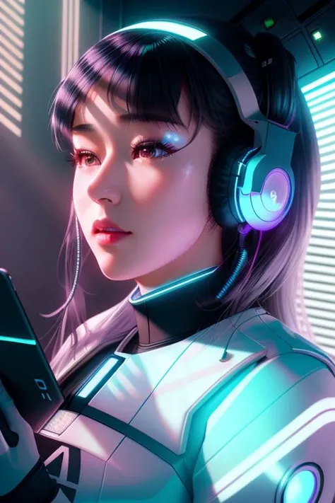 (BLAshadow, night:1.1), a woman holding a tablet with futuristic technology on it's face and headphones on her head, window, blinds, cinematic photography, art photography, (in a space station, Ayami Kojima, hyper real, retrofuturism:1.2), Cedric Peyravernay, futuristic, cyberpunk art, fantasy art, bodysuit, dark-skinned_female, glowing, hologram, holographic_interface, long_hair, realistic, science_fiction, solo <lora:epiNoiseoffset_v2:1> <lora:BLAshadow_AIARTBOT_v1:1>