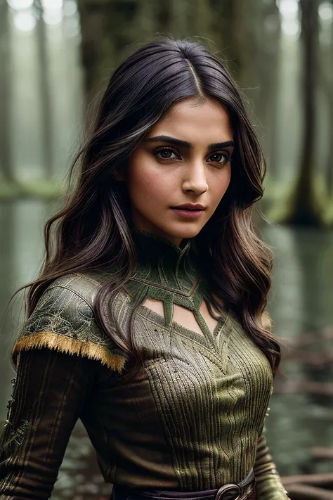 beautiful woman (Son4mK4p00r:.99), beautiful hair,  ((portrait)), (closeup:1.2), ((from the waist up)), (( middle earth, A dark, foreboding swamp, filled with twisted, gnarled trees and dangerous creatures, Tolkien :1.2)) , natural skin texture, ((long sleeve top:1.4)), 24mm, 4k textures, soft cinematic light, adobe lightroom, photolab, hdr, intricate, elegant, highly detailed, sharp focus, ((((cinematic look)))), soothing tones, insane details, intricate details, hyperdetailed, low contrast, soft cinematic light, exposure blend, hdr, faded, now, ("I've got a bad feeling about this.":1.1)