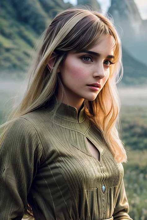 beautiful woman (Son4mK4p00r:.99), beautiful hair, (( Mid-length honey blonde curtain bangs hairstyle :1.2)) ((portrait)), (closeup:1.2), ((from the waist up)), (( middle earth, Misty mountains towering over a vast, misty valley, Tolkien :1.2)) , natural skin texture, ((long sleeve top:1.4)), 24mm, 4k textures, soft cinematic light, adobe lightroom, photolab, hdr, intricate, elegant, highly detailed, sharp focus, ((((cinematic look)))), soothing tones, insane details, intricate details, hyperdetailed, low contrast, soft cinematic light, exposure blend, hdr, faded, now, ("I've got a bad feeling about this.":1.1)