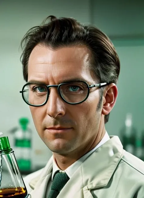 ( <lora:PeterCushing:.8>) close up Portrait photo of (pc1) man with short hair, Detailed face, (perfect green eyes), (realistic matte skin:1.1), perfect body, wearing ((Chemist's Lab Coat, Safety Goggles, Beakers, Test Tubes, Bunsen Burner)), Modelshoot style, Professional Photography, soft lighting, PHOTOREALISTIC, Realistic, standing in dark studio background, blurred background, volumetric fog,. RAW, analog style, sharp focus, 8k, HD, DSLR, high quality, Fujifilm XT3, film grain, award winning, masterpiece,