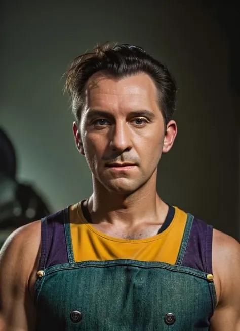 ( <lora:PeterCushing:.8>) close up Portrait photo of (pc1) man with short hair, Detailed face, (perfect green eyes), (realistic matte skin:1.1), perfect body, wearing ((Dark purple Sateen Herringbone Denim shorts and BlazingYellow Herringbone Tribal Muscle tank and High-top sneakers and Astronaut helmet and Brooch)), Modelshoot style, Professional Photography, soft lighting, PHOTOREALISTIC, Realistic, standing in dark studio background, blurred background, volumetric fog,. RAW, analog style, sharp focus, 8k, HD, DSLR, high quality, Fujifilm XT3, film grain, award winning, masterpiece,