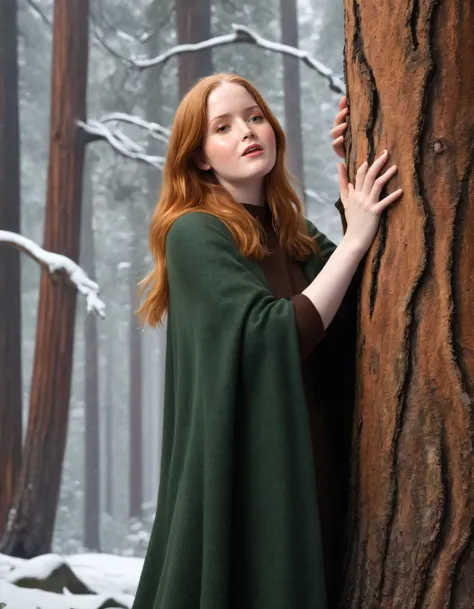 In the midst of a breathtaking scene at Yosemite National Park, where snowflakes danced gracefully in unison with evergreens and everlasting winter beauty, Ellie Bamber, dressed in a woolen cape-dress hued to blend perfectly with her surroundings - deep forest greens and earthen browns - became one with nature as she stood silently, contemplative, her hands creating an elegant embrace with the gnarled bark of a nearby tree, while extending her other arm towards the heavens in silent reverence, paying homage to the majestic winter sky above. <lora:njyozv18f1bdf8720x42:1>