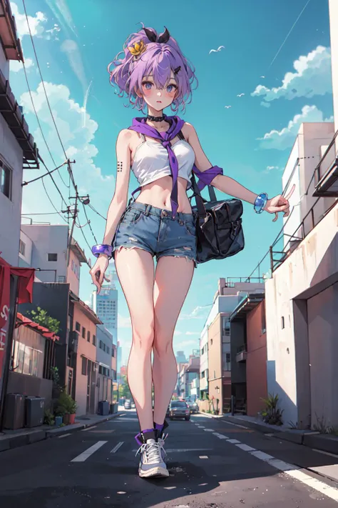 anime screencap, city, 1girl, solo, short hair, black hair, purple eyes, looking at the viewer, hair between eyes, lustful smirking smile blush, closed mouth, ass, camel's foot, wide hips, short top, short shorts, unbuttoned shorts, squatting, legs apart, erotica, back