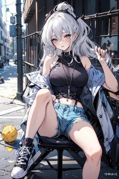 1 girl in, purple color  hair、Purplish pink eyes that dreamers desire, (Blonde hair) , small stature, Colossal tits, Lori, (masutepiece:1.2, Best Quality), (finely detailed beautiful eye: 1.2), (beautifull detailed face), (Best Illumination, extremely delicate and beautiful), ((Cinematic Light)), Dramatic light, (Pale white background:1.5), Short bob hair（1:3）、Ultra Contrast、Braid a little around the ears, 鎖骨,、Perfect Finger、Stylish coffee shop、only has 5 fingers、You can see inside your underwear、full of sweat、mocking look、nffsw,Arms crossed、grab the arm、Shoot from below、The angle is as seen from below.、Best Quality、Large breasts、muscular and thick pussy、high-level image quality、hightquality、8K,perfect hand、only has 5 fingers、Darker overall、5 fingers、finger pin、Perfect Finger、T back、noise cut、bullet hand、Her hair color should have been a brighter purple.Short pants、tight black jeans、Dark purple panties、Pubic hair majority、god angle、Sitting on a chair、legs crossed、Cross your legs、Shot from under a chair、A smile、Shopping street with falling snow、midwinter knit jumper、 top-quality、hyper HD