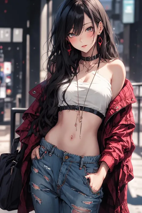 masterpiece, Highest quality, Pixiv, Cool girl, there are a lot of earrings, Earrings, Dark brown hair, Curly Hair, Blunt bangs, Straight bangs, Grey Eyes, Pale skin, Gal,Take off your clothes. Almost completely naked.