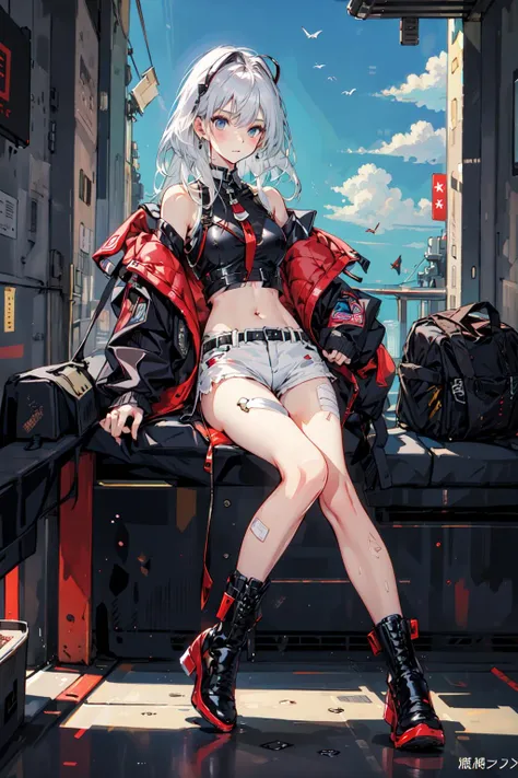 Best quality, 1 girl, solo, blue hair, red eyes, dark environment, disdain, sitting, looking up, sneering, sick, dark, blackened, blackened, blackened, frontal, bored expression, sole of boots