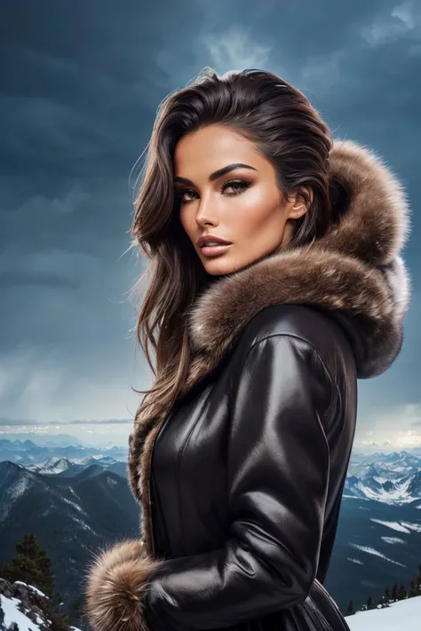 photo of S133_ArinaBernardini, a gorgeous woman, on a (mountain-top:1.2), wearing a (fur-jacket:1.2), (thunderstorm:1.1), (8k, RAW photo, best quality, depth of field, ultra high res:1.2), (absurdres, intricate, photorealistic, masterpiece, ultra-detailed:1.3)