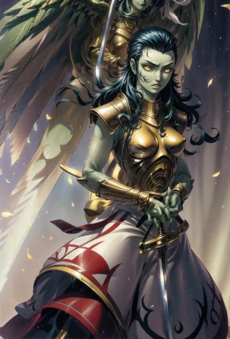 <lora:add_detail:1> <lora:GoodHands-vanilla:1>, <lora:Kaneko:1>, Kazuma Kaneko, <lora:Gabriel:1>, SMTGabriel, 1girl, green skin, armor, dress, holding sword, gentle face