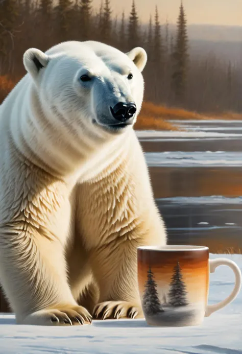 The warm tones of the polar bear and the coffee mug meet. The first ray of sunlight in the morning breaks through the ice and snow and shines on the polar bear and the coffee mug. The faint morning light illuminates their fur and the walls of their ceramic cups, and warm tones dominate the entire painting, The white fur of the polar bear contrasts with the brown of the coffee mug, The pattern on the cup is a warm orange, as if coming from the direction of the rising sun, and there is a hint of longing, 8k, hd, In the distance, the snow-covered horizon extends to the infinity.  <lora:mug_Î±:0.5>  <lora:single thumbs up:0.4>