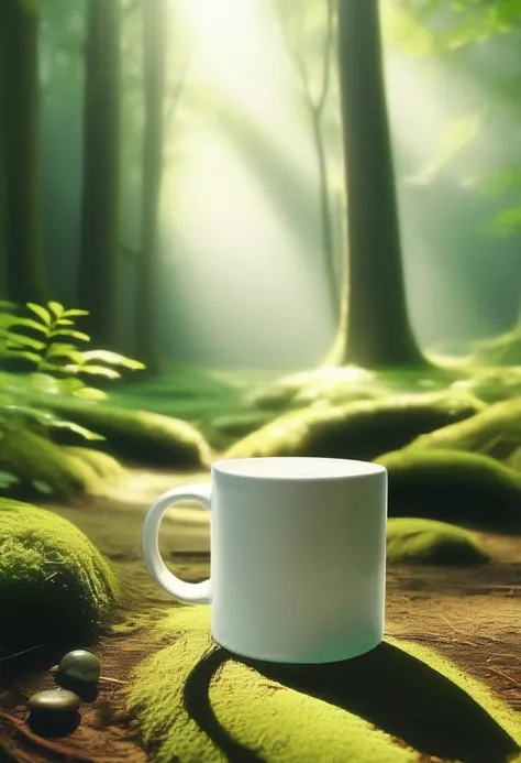 A white mug is gently placed on the ground, nestled amidst a verdant forest. The sunâs golden rays filter through the leaves, casting dappled shadows on the earth. The mug seems to belong here, as if it were an integral part of this tranquil woodland scene. The air is cool, and the scent of damp moss and pine lingers. Birds chirp softly, and time seems to slow down in this serene oasis.<lora:mug_Î±:1>