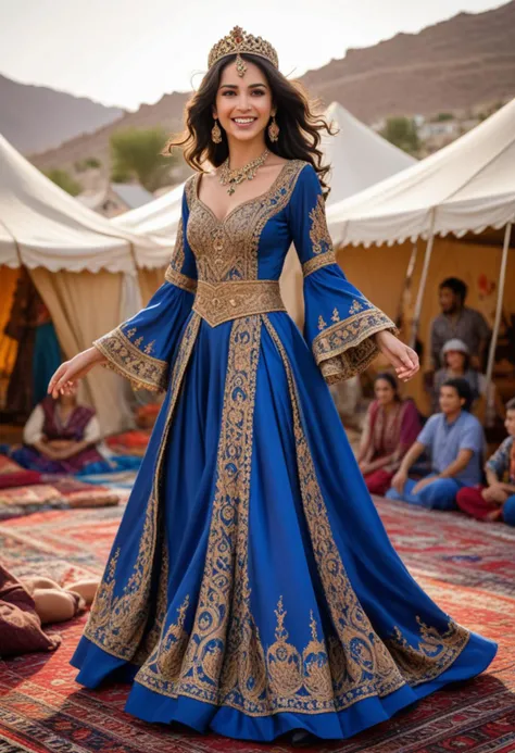 (medium full shot) of (vivacious arabian princess) young woman, slender, black hair, wavy hair, brown eyes, tan skin, wearing Exquisite sapphire-blue silk gown adorned with golden embroidery, billowing sleeves, flowing skirt, jeweled bodice, beaded tiara with intricate patterns, set in Nomadic Gathering, Vibrant gathering of tents, colorful rugs, musicians playing lively tunes, the aroma of grilled meats and spices filling the air, the joyous laughter of children , laughing, jumping in the air, Masterpiece,best quality, photorealistic, amazing quality, very aesthetic, extremely detailed face,
