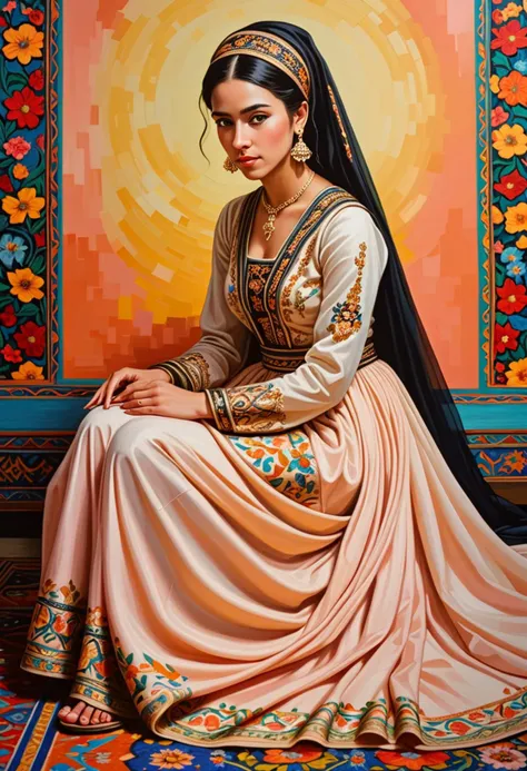 (Stunning acrylic painting by vincent Van Gogh) of a  arabian princess, black hair, hairbun, brown eyes, slender, tan skin,             wearing Exquisite embroidered gown in soft peach, with pearl accents, flowing train, intricate veil, beaded sandals, silk chiffon scarf with hand-painted floral motifs,             set in  Nomadic Gathering, Vibrant gathering of tents, colorful rugs, musicians playing lively tunes, the aroma of grilled meats and spices filling the air, the joyous laughter of children , at sunset award winning, very aesthetic