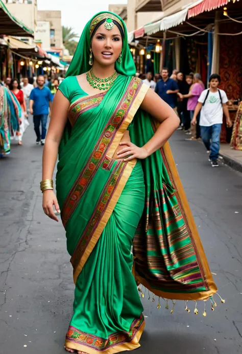 (medium full shot) of (vivacious arabian princess) young woman, black hair, straight hair, green eyes, curvy, tan skin, wearing Intricately patterned sari in bold colors, draped elegantly, adorned with gold jewelry, beaded headpiece, intricately patterned silk hijab with beaded accents, surprised, open mouth, running toward the viewer, set in Oasis Bazaar, Bustling marketplace with vibrant tents, merchants haggling over goods, exotic spices filling the air, colorful tapestries fluttering in the wind, street performers entertaining the crowds , ,Masterpiece,best quality, photorealistic, amazing quality, very aesthetic, extremely detailed face,