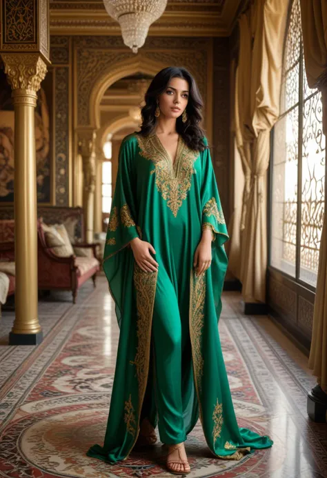 (medium full shot) of  (desirable arabian princess) young woman, willowy, black hair, wavy hair, brown eyes, tan skin, wearing Opulent emerald green silk caftan with intricate gold embroidery, matching chiffon harem pants, golden sandals, silk chiffon scarf with hand-painted floral motifs, set in  palace Harem Quarters, Luxurious chambers with silk curtains, plush cushions, exotic perfumes, jewel-encrusted mirrors, intricate mosaic floors , surprised, open mouth, running toward the viewer, Masterpiece,best quality, photorealistic, amazing quality, very aesthetic, extremely detailed face,