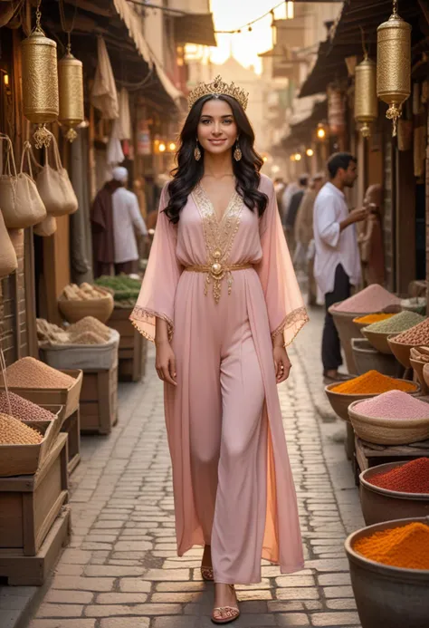 (medium full shot) of  (attractive arabian princess) young woman, slender, black hair, wavy hair, brown eyes, tan skin, wearing Enchanting blush pink chiffon robe with pearl embellishments, satin trousers, floral headpiece, pearl sandals, golden filigree crown with cascading pearls, set in  Spice Market, Aromatic alleyway lined with sacks of spices, colorful pyramids of saffron and cardamom, merchants offering samples of their wares, the sound of grinding mortar and pestles filling the air , at sunset, laughing, jumping in the air, Masterpiece,best quality, photorealistic, amazing quality, very aesthetic, extremely detailed face,