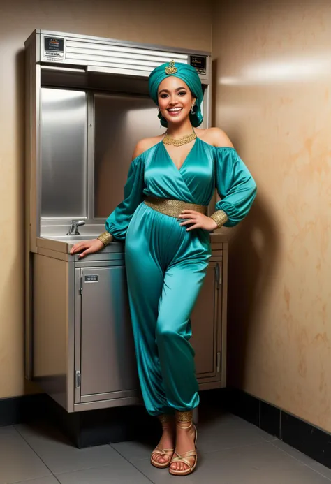 (medium full shot) of (vivacious arabian princess) young woman, black hair, hairbun, green eyes, curvy, tan skin,             wearing Teal satin jumpsuit with gold trim, draped chiffon veil, jeweled headpiece, strappy sandals, silk turban with jeweled brooch, laughing, arms crossed,  set in  public Toilet, Functional, no-frills space with vinyl flooring, partitioned stalls with stainless steel doors, large industrial-grade hand dryers, wall-mounted soap dispensers, central waste bin  , at sunset, ,Masterpiece,best quality, photorealistic, amazing quality, very aesthetic, extremely detailed face,