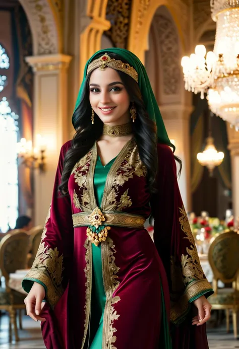 (medium full shot) of (vivacious arabian princess) young woman, black hair, straight hair, green eyes, slender, tan skin,             wearing Burgundy velvet abaya with gold floral patterns, silk trousers, beaded headscarf, embroidered sandals, embroidered headband with dangling coins, laughing, jumping in the air,  set in  Sultan's Banquet Hall, Lavish dining space with long tables set with silverware and crystal, velvet-clad chairs, a feast of exotic delicacies, musicians playing soft melodies, the flicker of candlelight , at night, ,Masterpiece,best quality, photorealistic, amazing quality, very aesthetic, extremely detailed face,