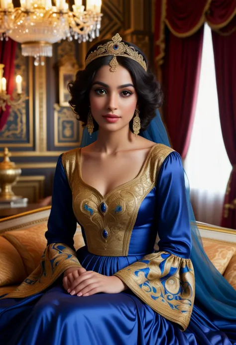 (medium full shot) of (esthetic arabian princess) young woman, black hair, wavy hair, brown eyes, petite, tan skin,             wearing Exquisite sapphire-blue silk gown adorned with golden embroidery, billowing sleeves, flowing skirt, jeweled bodice, embroidered velvet turban with peacock feather embellishments, smiling at the viewer,  set in  Royal Chamber, Opulent quarters with a draped canopy bed, silk sheets, golden furnishings, the scent of roses and incense filling the air, servants attending to every whim , ,Masterpiece,best quality, photorealistic, amazing quality, very aesthetic, extremely detailed face,