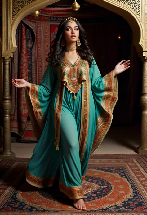 (medium full shot) of (esthetic arabian princess) young woman, black hair, wavy hair, green eyes, slender, tan skin,             wearing Embroidered tunic in vibrant colors, layered over billowy pants, embellished with gold coins, elaborate headscarf, silk chiffon scarf with hand-painted floral motifs, surprised, open mouth, running toward the viewer,  set in  Bedouin Tent, Lavish tent adorned with intricate carpets, silk cushions, exotic tapestries, aromatic incense burning in brass censers, a low table laden with dates and figs , at night, ,Masterpiece,best quality, photorealistic, amazing quality, very aesthetic, extremely detailed face,