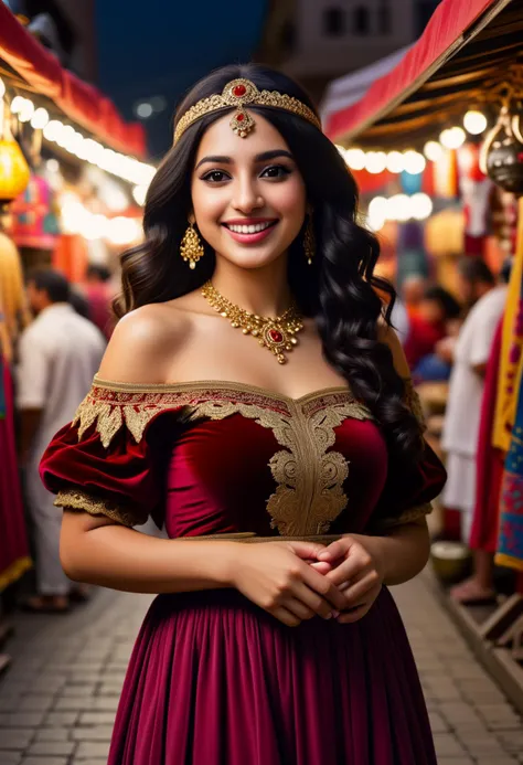 (medium full shot) of (esthetic arabian princess) young woman, black hair, wavy hair, brown eyes, curvy, tan skin,             wearing Regal crimson velvet dress embellished with intricate patterns, off-the-shoulder neckline, voluminous skirt, gold sash, embroidered headband with dangling coins, laughing, arms crossed,  set in  Bustling Bazaar, Colorful marketplace with stalls overflowing with exotic wares, vendors calling out their wares, the scent of spices and incense wafting through the air, brightly colored fabrics fluttering in the breeze , at night, ,Masterpiece,best quality, photorealistic, amazing quality, very aesthetic, extremely detailed face,