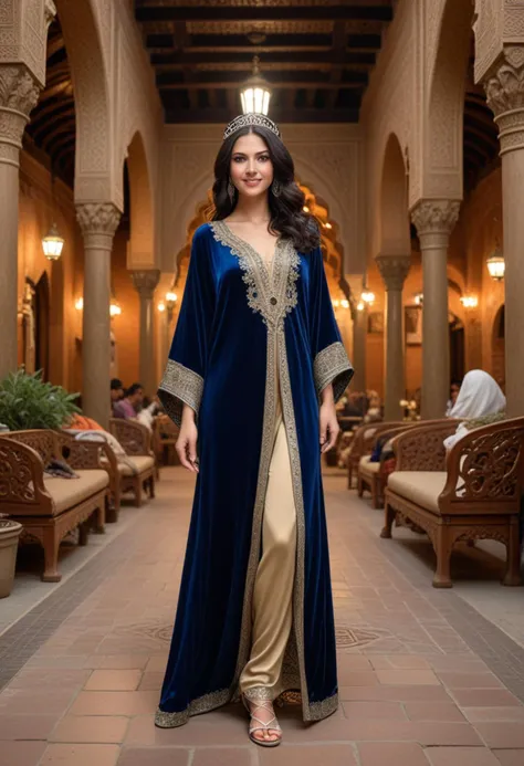 (medium full shot) of  (lovely arabian princess) young woman, slender, black hair, wavy hair, green eyes, tan skin, wearing Regal midnight blue velvet kaftan with silver trim, silk trousers, beaded veil, silver sandals, golden filigree tiara adorned with gemstones, set in  Caravanserai Courtyard, Bustling hub of activity with merchants and travelers, laden camels and wagons, a central fountain surrounded by benches, the aroma of spiced tea and roasting meats, the sound of laughter and conversation , at night, smiling at the viewer, Masterpiece,best quality, photorealistic, amazing quality, very aesthetic, extremely detailed face,