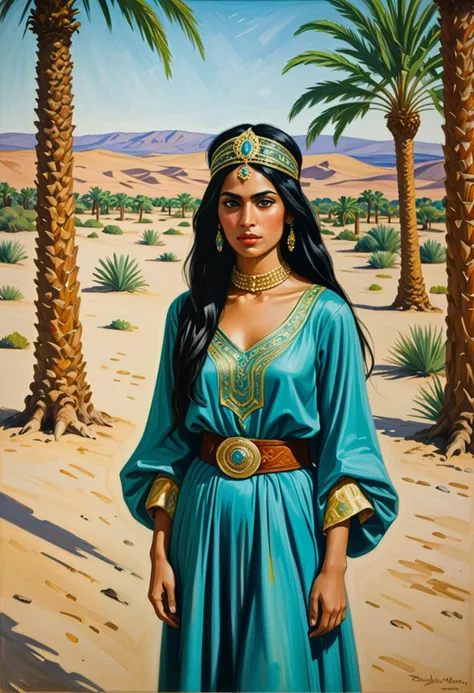 (haunting painting by Edvard Munch) of a  arabian princess, black hair, wavy hair, brown eyes, curvy, tan skin,             wearing Lavish turquoise tunic with gold brocade, billowy sleeves, fitted bodice, jeweled belt, embroidered headscarf, ornate golden headpiece with cascading jewels,             set in  Nomad's Rest, Tranquil oasis amidst the desert sands, a simple shelter of woven reeds and camel hides, a bubbling spring surrounded by palm trees, the rustle of date palms in the breeze, the soft cooing of doves  award winning, very aesthetic