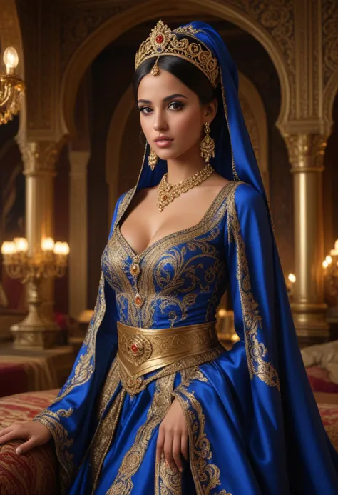 (medium full shot) of  (supermodel arabian princess) young woman, busty, black hair, hairbun, brown eyes, tan skin, wearing Traditional Arabian dress in royal blue, with gold brocade details, voluminous skirt, ornate belt, jeweled hairpin, golden filigree crown with cascading pearls, set in  Royal Chamber, Opulent quarters with a draped canopy bed, silk sheets, golden furnishings, the scent of roses and incense filling the air, servants attending to every whim , surprised, open mouth, running toward the viewer, Masterpiece,best quality, photorealistic, amazing quality, very aesthetic, extremely detailed face,