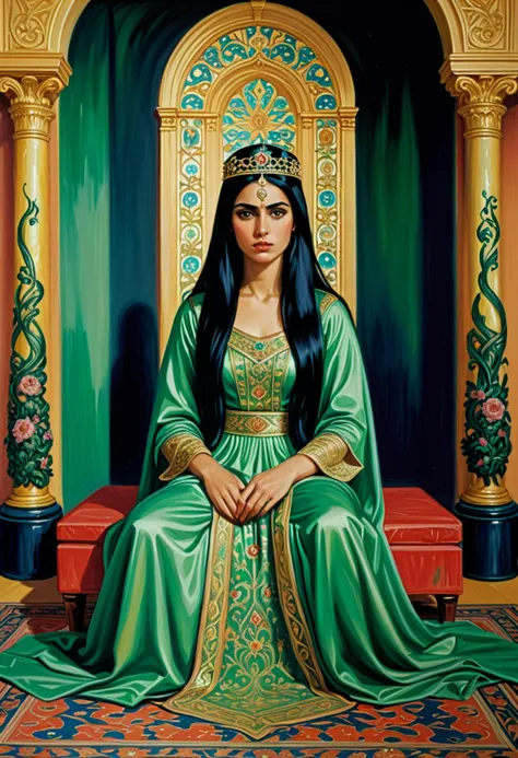 (haunting painting by Edvard Munch) of a  arabian princess, black hair, straight hair, green eyes, curvy, tan skin,             wearing Silk brocade harem pants with beaded accents, matching crop top with sequin detailing, ornate headpiece, beaded sandals, floral wreath crown with trailing ribbons,             set in  palace Throne Room, Grand chamber with gilded throne, richly woven carpets, towering arches, stained glass windows, flickering torches , at night award winning, very aesthetic